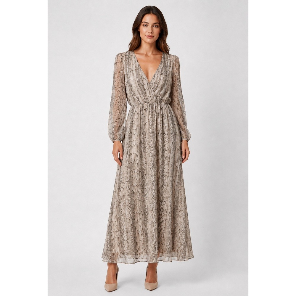 MNG Suit Snake Print Sheer Maxi Dress 4 Long Sleeve Wrap V Neck Boho